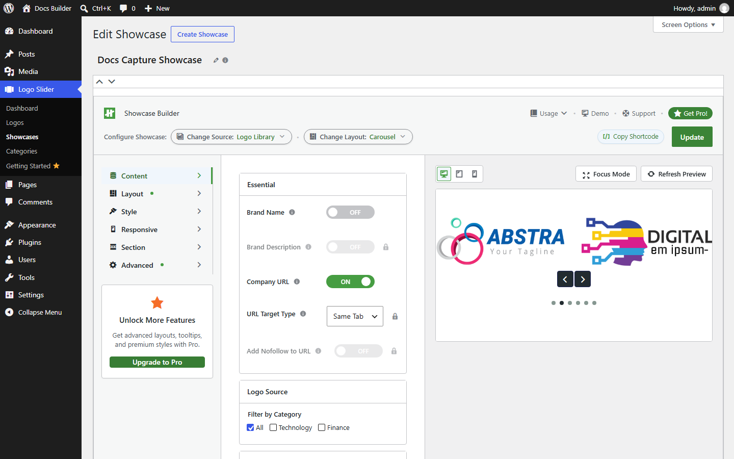 Showcase Builder — Content tab, Logo Source panel