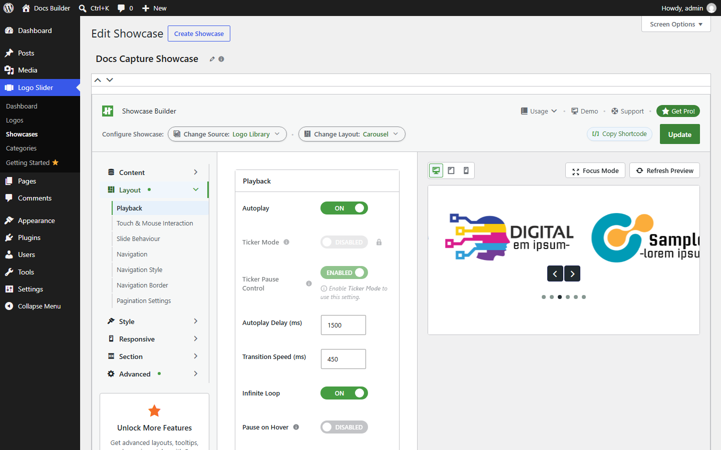Showcase Builder — Layout tab, Playback panel