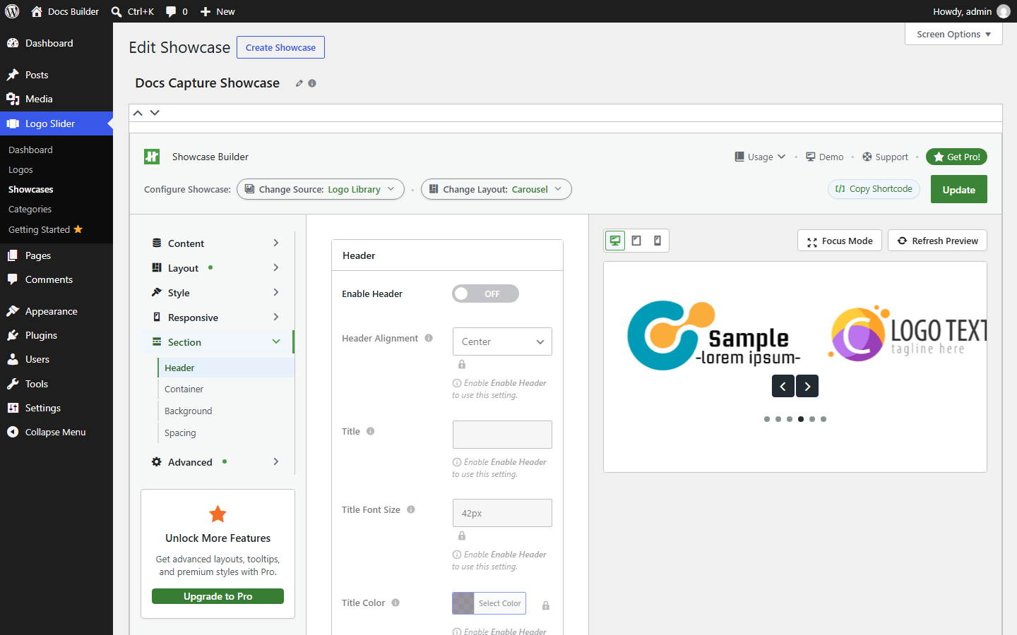 Showcase Builder — Section tab, Header panel