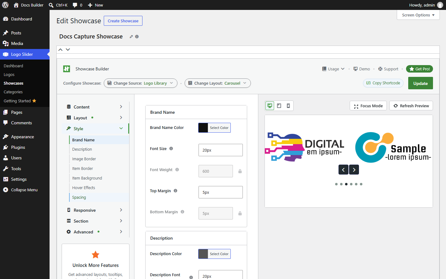 Showcase Builder — Style tab, Brand Name panel
